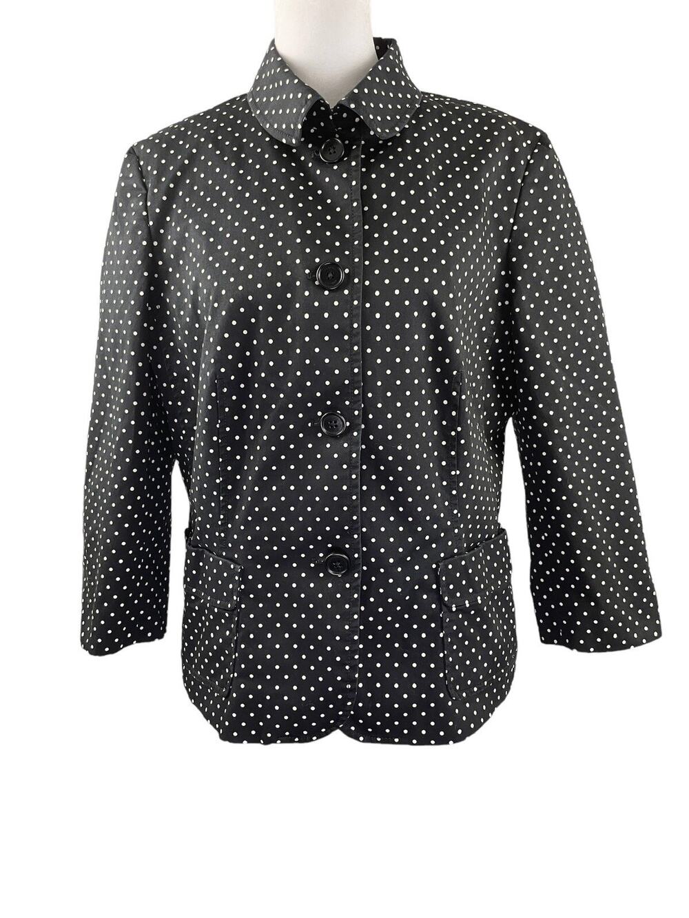 Talbots Jacket 12 Black White Polka Dot Button Up 3/4 Sleeve Lined Blazer